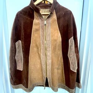 Vintage 1960’s-70’s Brown and Tan Suede Zip Up Cape Poncho with collar, cut outs